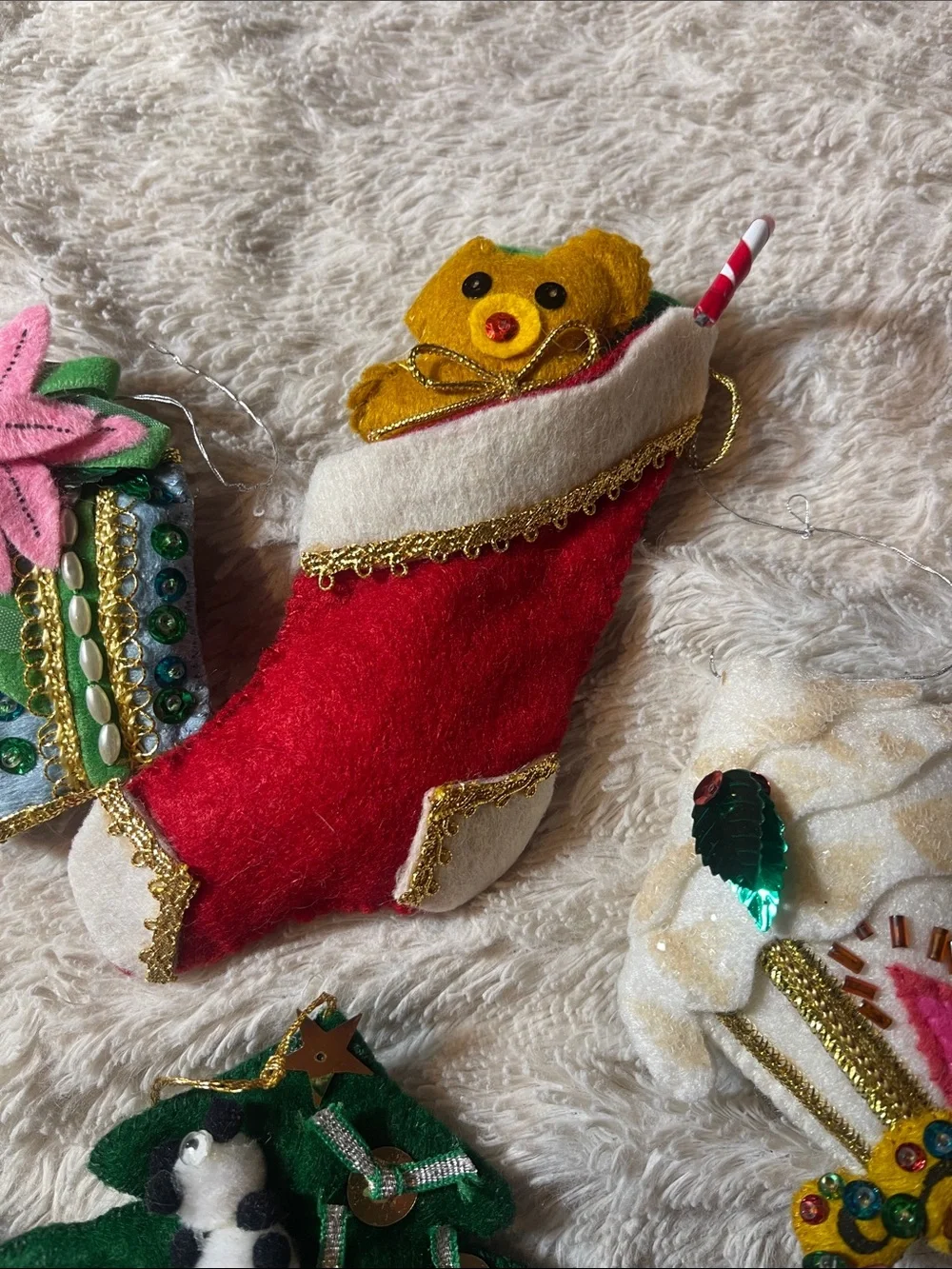Vintage  Felt Christmas Ornament Lot - Stocking, Tree, Church, Gifts
